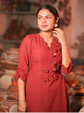 Brick Red Floral Appliqué A-Line Midi Dress for Women