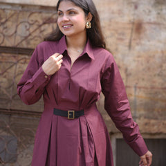 Wine A-line maxi dress for women with belt, shirt collar neck, full sleeves, and elegant formal wear styling.