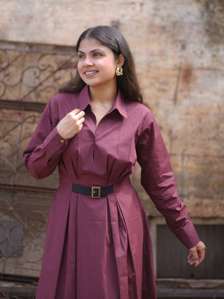 Wine A-line maxi dress for women with belt, shirt collar neck, full sleeves, and elegant formal wear styling.