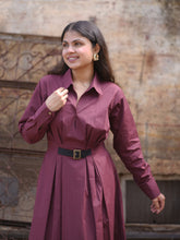 Wine A-line maxi dress for women with belt, shirt collar neck, full sleeves, and elegant formal wear styling.