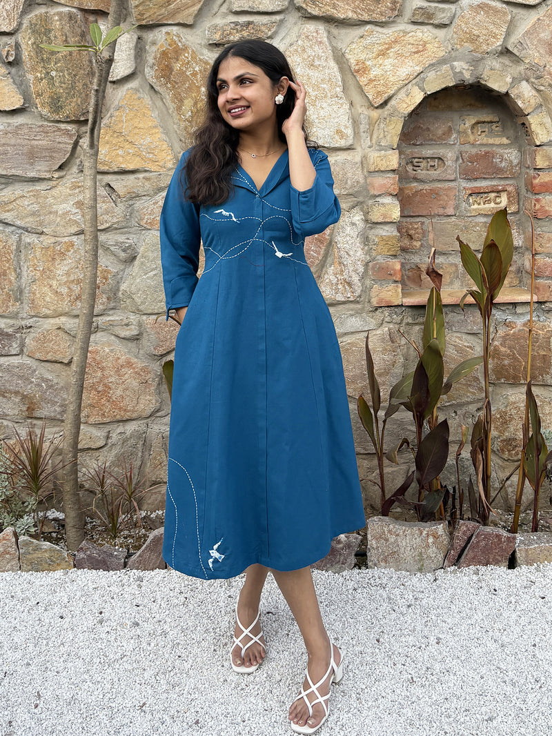 Blue wings Hand Embroidered Cotton Flax Dress (Pre-LAunch)