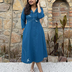 Blue wings Hand Embroidered Cotton Flax Dress (Pre-LAunch)