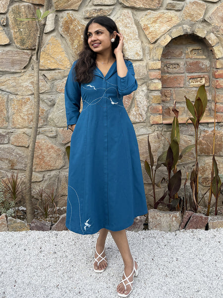 Blue wings Hand Embroidered Cotton Flax Dress (Pre-LAunch)