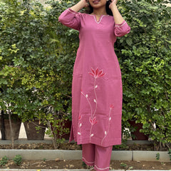 Pink Floral Embroidered Kurti With Pants