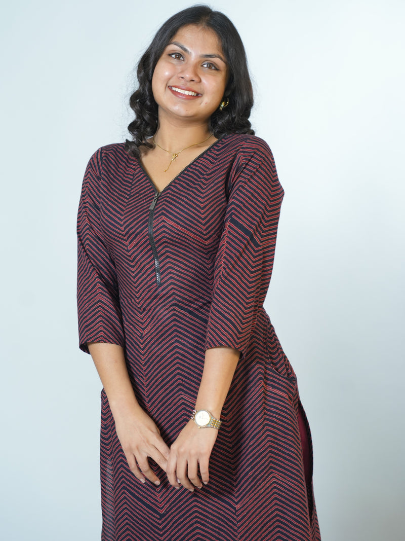 Hand Block Printed Zip Necked Smart Workwear Kurta