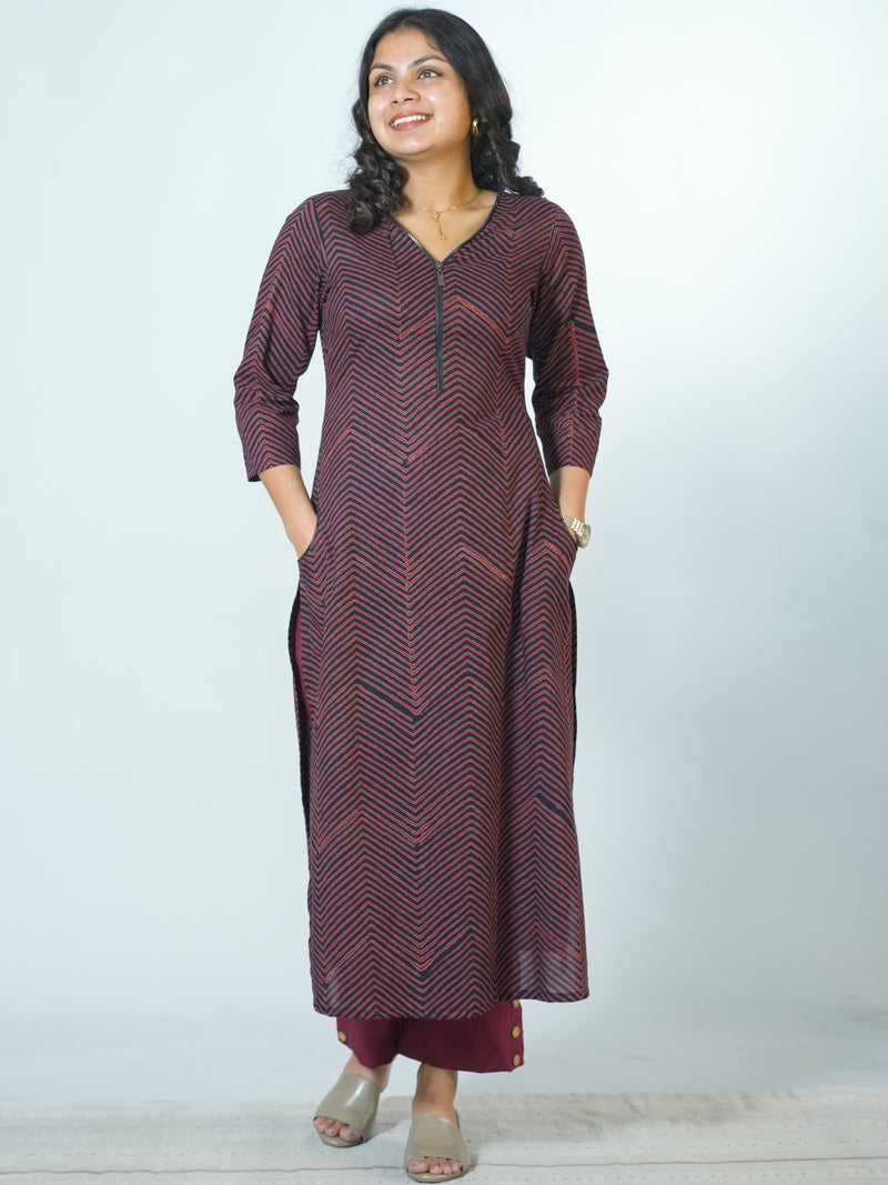 Hand Block Printed Zip Necked Smart Workwear Kurta