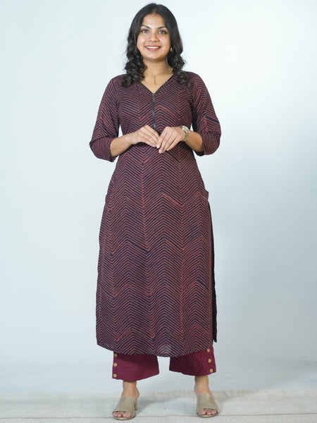 Hand Block Printed Zip Necked Smart Workwear Kurta