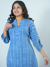 Hand Block Printed Striped Cotton Kurta Embellished With Embroidery