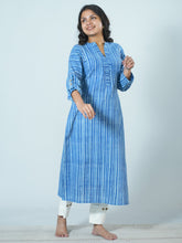 Hand Block Printed Striped Cotton Kurta Embellished With Embroidery