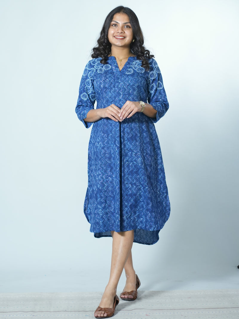 Hand Block Printed Indigo Kurta With Hand Emboidery Details