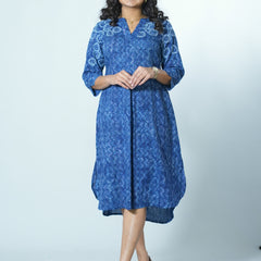 Hand Block Printed Indigo Kurta With Hand Emboidery Details