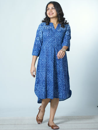 Hand Block Printed Indigo Kurta Cum Dress With Hand Emboidery Details