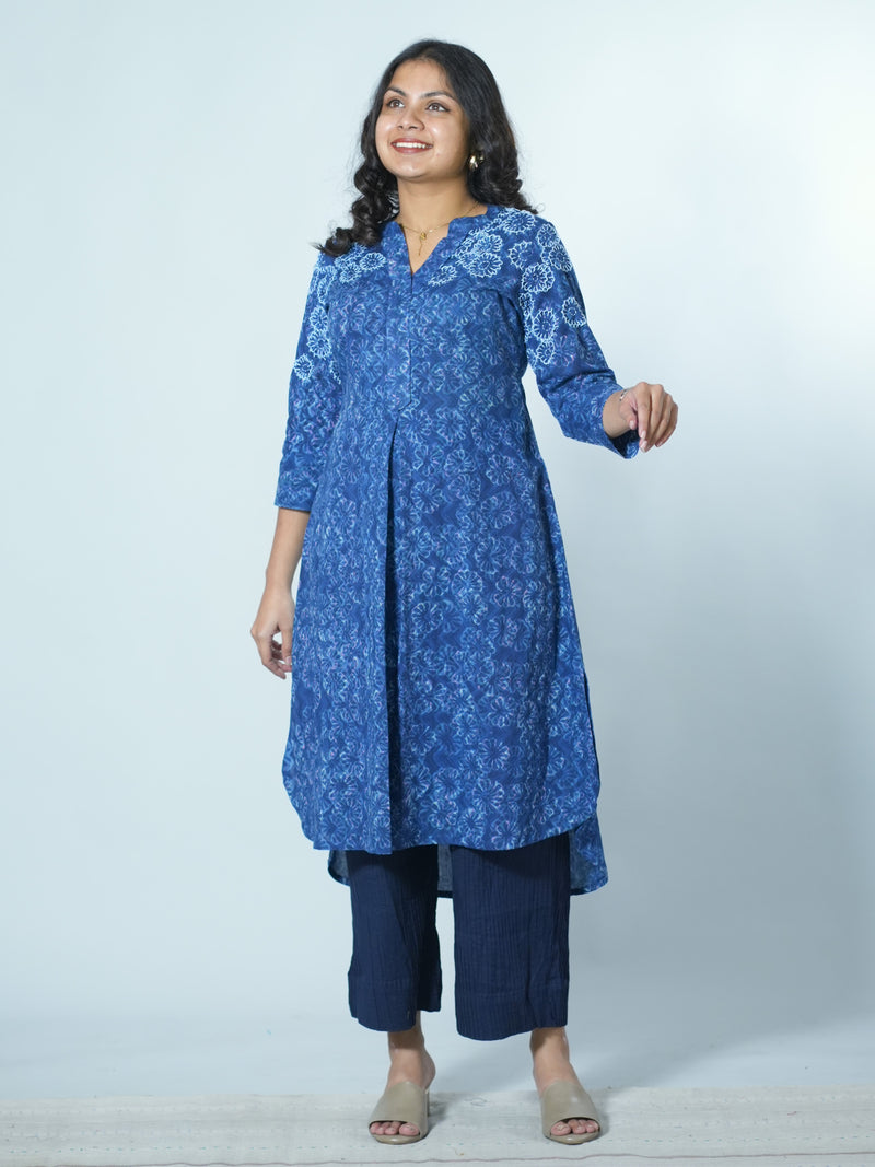 Hand Block Printed Indigo Kurta With Hand Emboidery Details