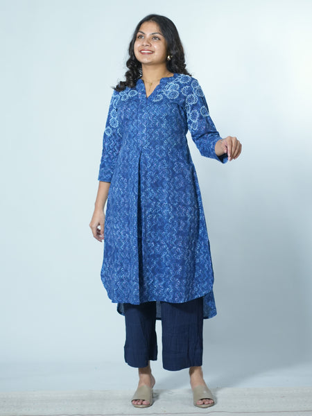 Hand Block Printed Indigo Kurta With Hand Emboidery Details