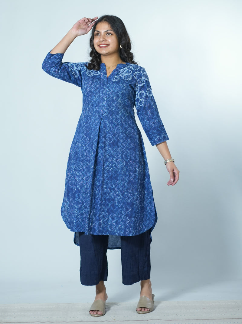 Hand Block Printed Indigo Kurta With Hand Emboidery Details