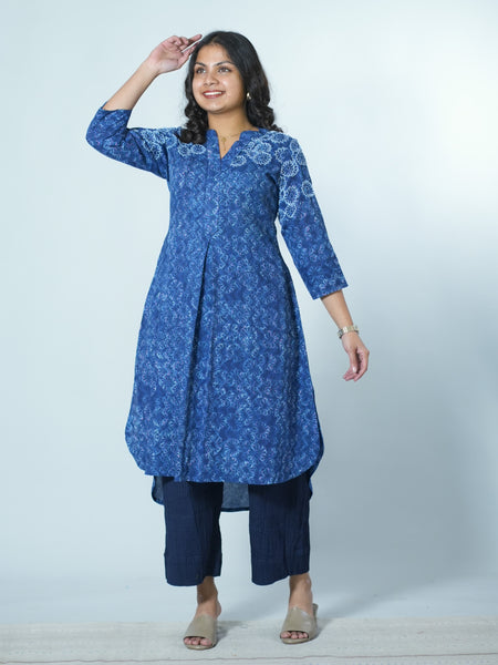 Hand Block Printed Indigo Kurta With Hand Emboidery Details