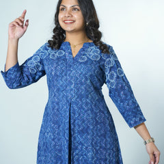Hand Block Printed Indigo Kurta With Hand Emboidery Details