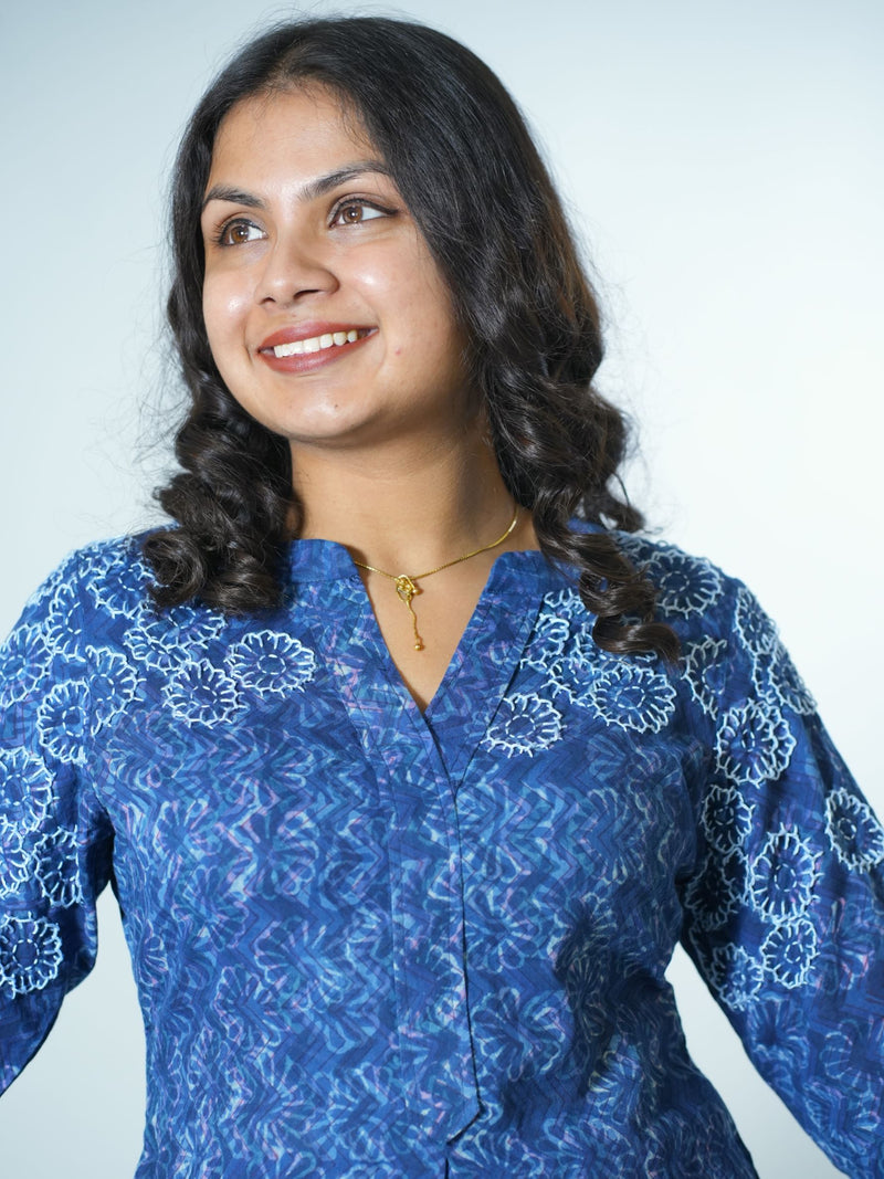 Hand Block Printed Indigo Kurta With Hand Emboidery Details