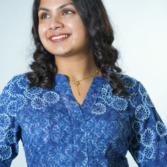 Hand Block Printed Indigo Kurta With Hand Emboidery Details