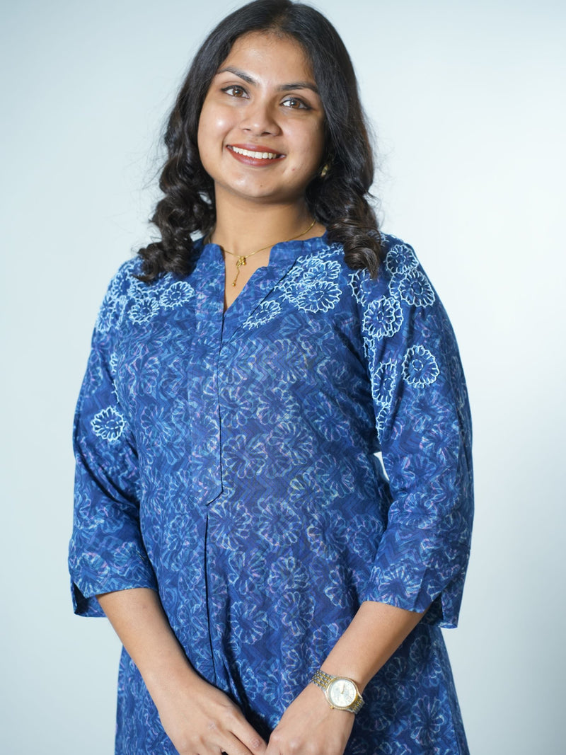 Hand Block Printed Indigo Kurta With Hand Emboidery Details
