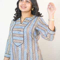 Hand Block Printed Cotton Kurta In Box Pleat Style