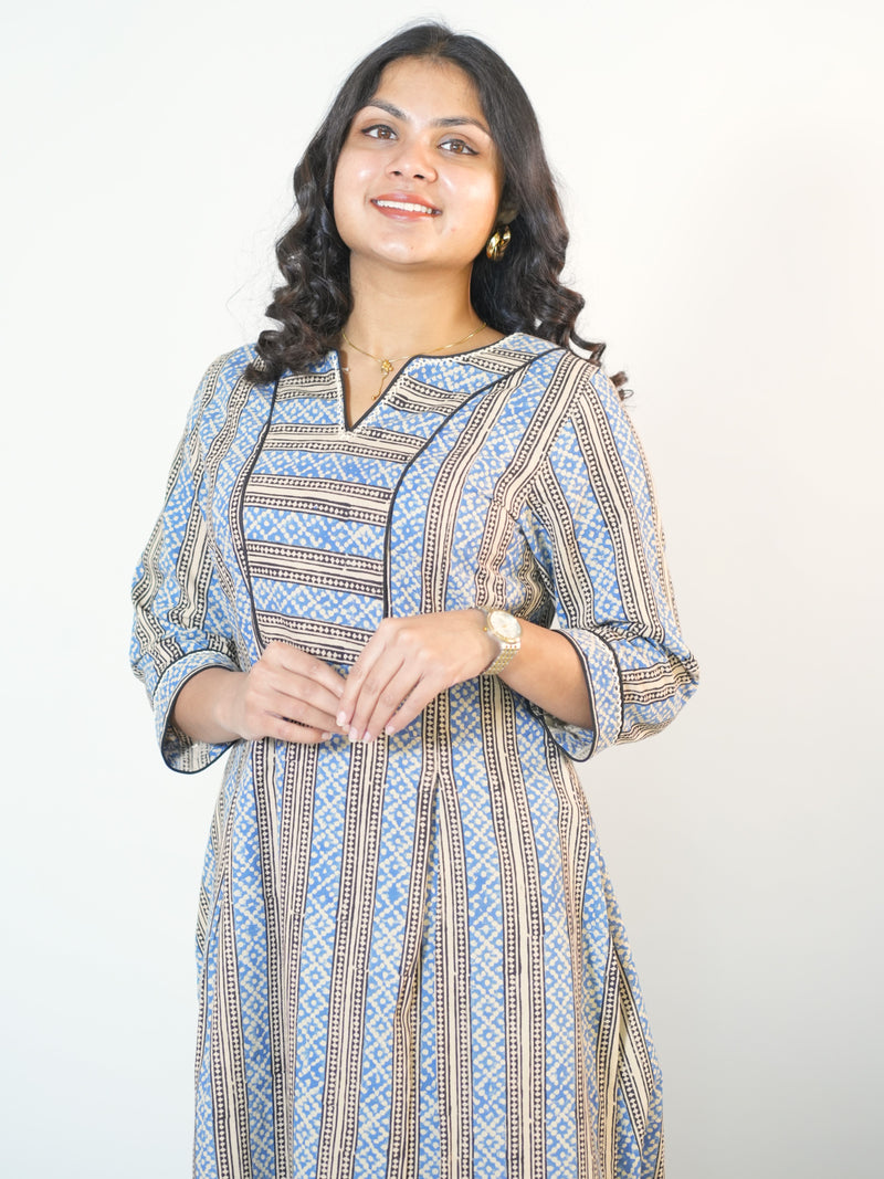 Hand Block Printed Cotton Kurta In Box Pleat Style
