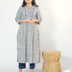 Hand Block Printed Cotton Kurta In Box Pleat Style
