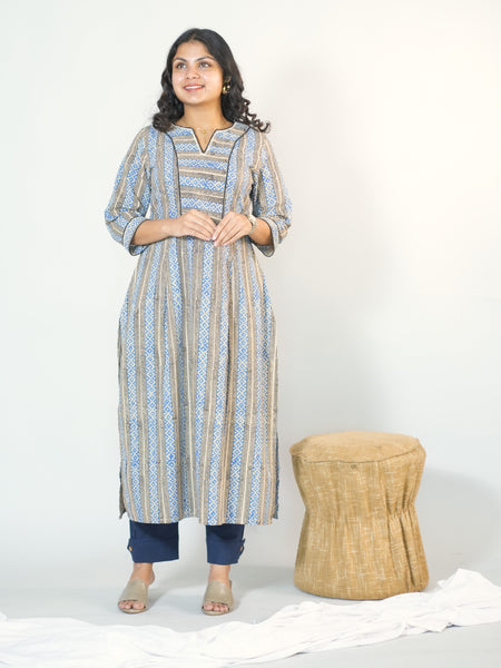 Hand Block Printed Cotton Kurta In Box Pleat Style