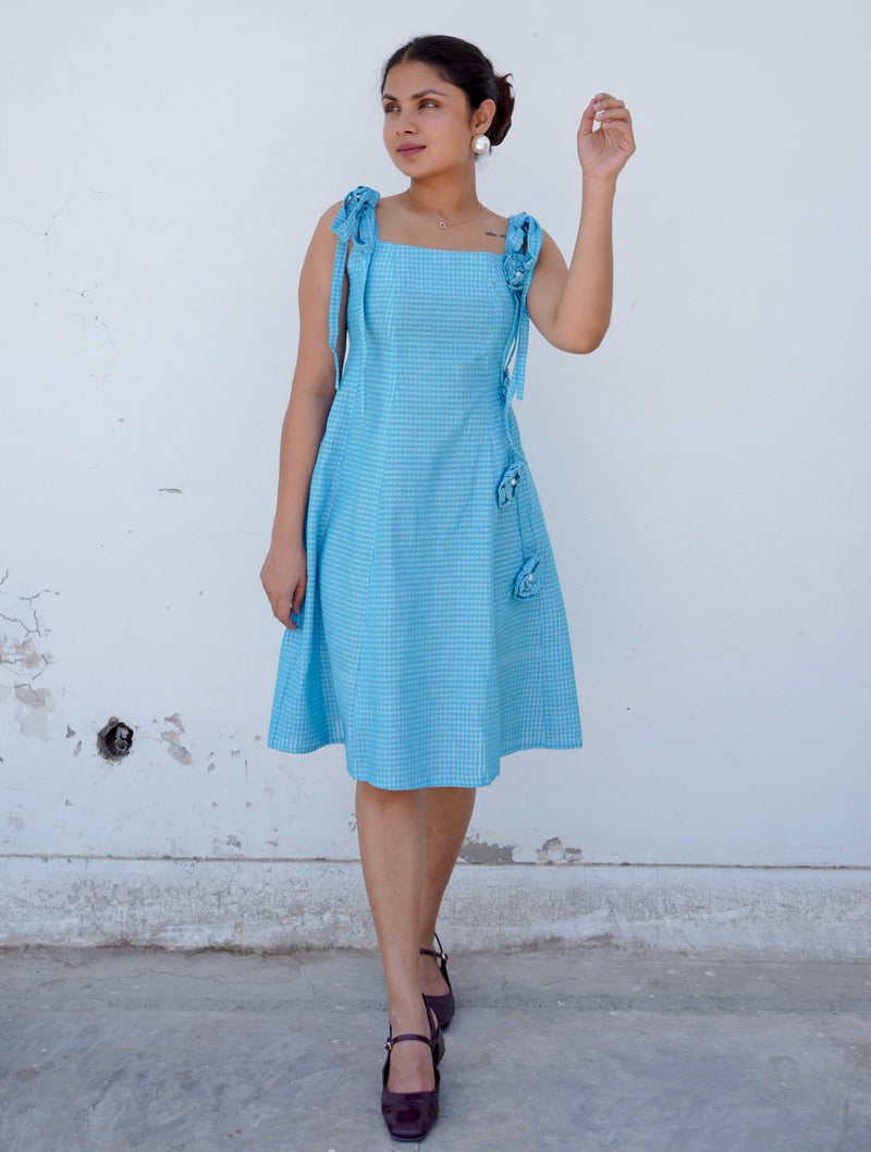 Neelara Gingham Cotton Flora Aqua Dress