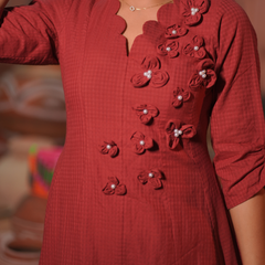 Brick Red Floral Appliqué A-Line Midi Dress for Women