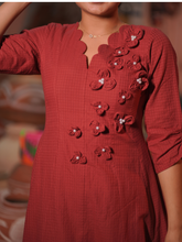 Brick Red Floral Appliqué A-Line Midi Dress for Women