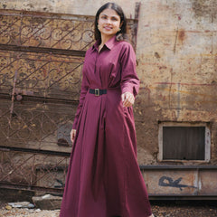 Wine A-line maxi dress for women with belt, shirt collar neck, full sleeves, and elegant formal wear styling.
