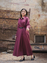Wine A-line maxi dress for women with belt, shirt collar neck, full sleeves, and elegant formal wear styling.