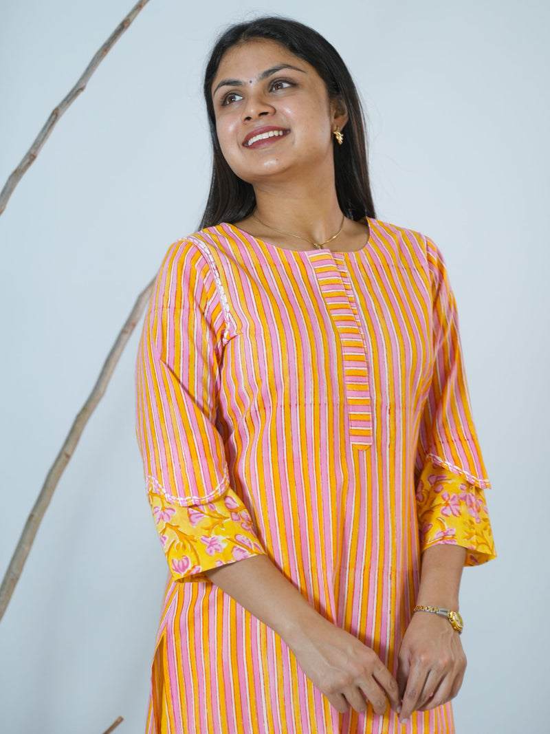 Sanganeri  Stripped Hand Block Printed Kurta With Stylish Sleeves
