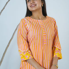 Sanganeri  Stripped Hand Block Printed Kurta With Stylish Sleeves