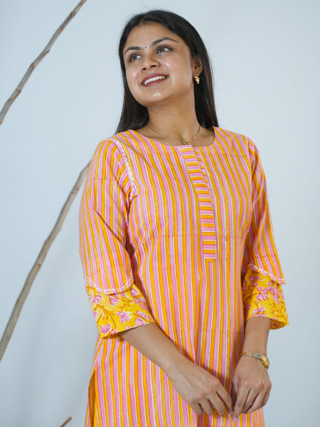 Sanganeri  Stripped Hand Block Printed Kurta With Stylish Sleeves