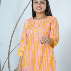 Sanganeri  Stripped Hand Block Printed Kurta With Stylish Sleeves