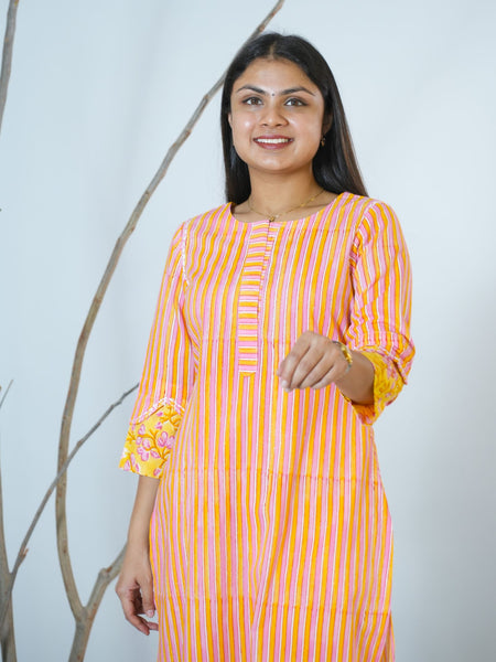 Sanganeri  Stripped Hand Block Printed Kurta With Stylish Sleeves