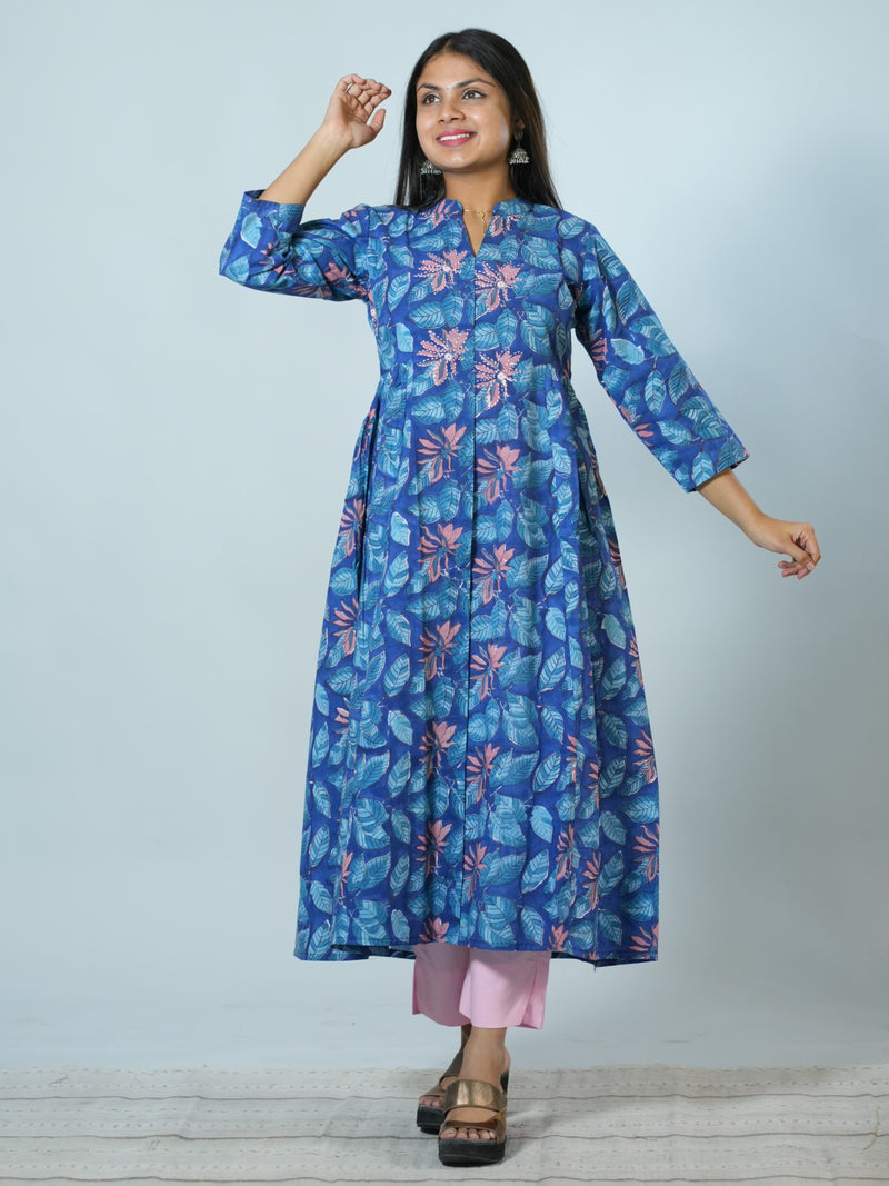 Bhavya Hand Block Printed Kurta Embellished with hand embroidery