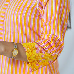 Sanganeri  Stripped Hand Block Printed Kurta With Stylish Sleeves
