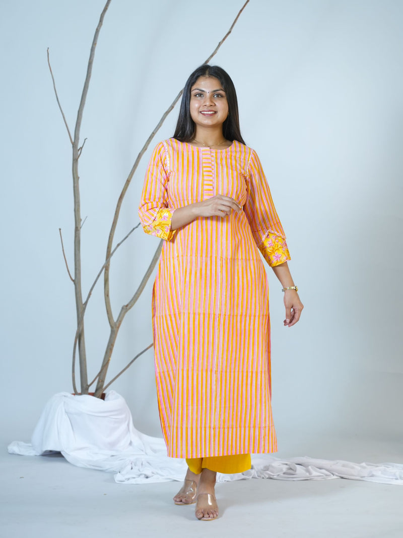 Sanganeri  Stripped Hand Block Printed Kurta With Stylish Sleeves
