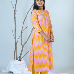 Sanganeri  Stripped Hand Block Printed Kurta With Stylish Sleeves