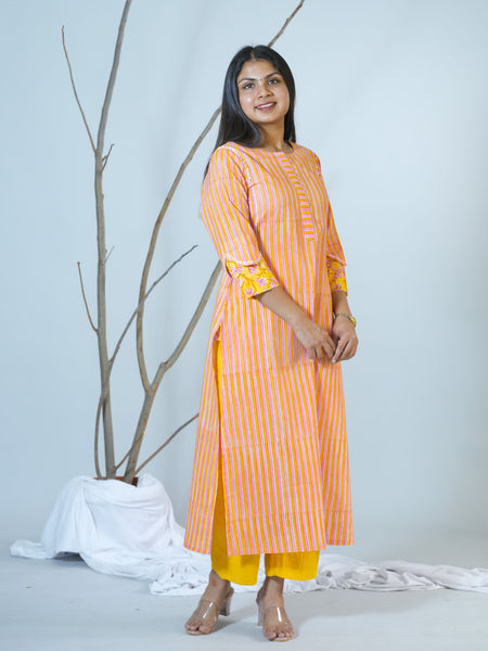 Sanganeri  Stripped Hand Block Printed Kurta With Stylish Sleeves