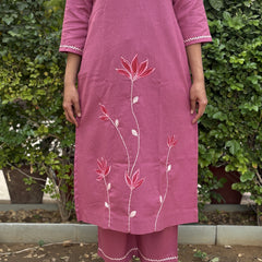 Pink Floral Embroidered Kurti With Pants