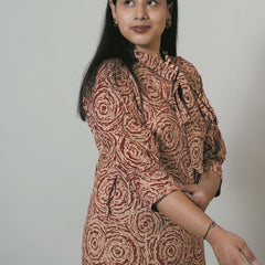Hand Block Printed Side Collar With Bow Short Office Wear Kurta