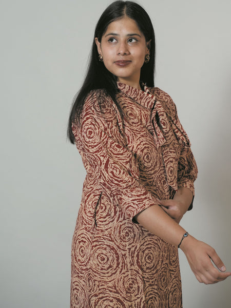 Hand Block Printed Side Collar With Bow Short Office Wear Kurta