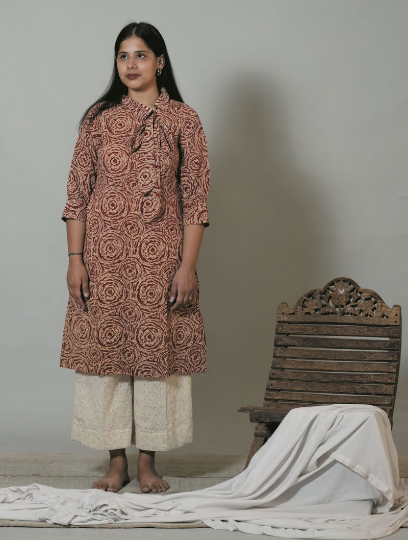 Hand Block Printed Side Collar With Bow Short Office Wear Kurta