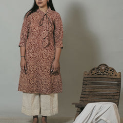 Hand Block Printed Side Collar With Bow Short Office Wear Kurta