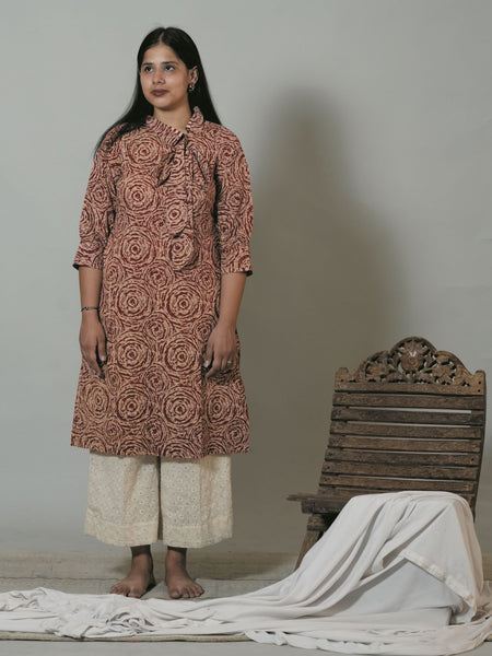Hand Block Printed Side Collar With Bow Short Office Wear Kurta