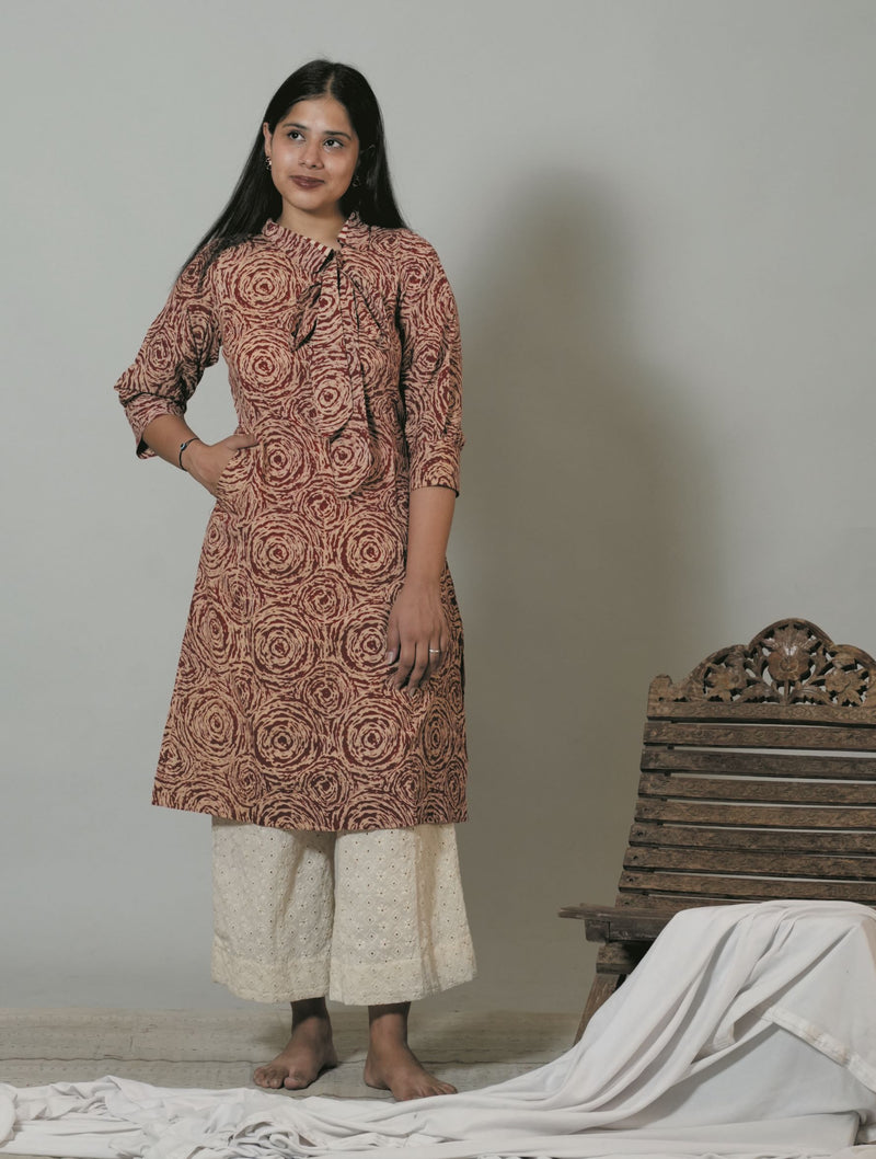 Hand Block Printed Side Collar With Bow Short Office Wear Kurta
